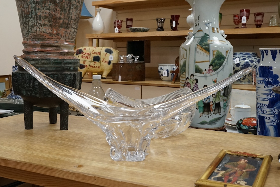A 1950’s-60’s free form glass vase and a heavy cut glass navette shaped bowl, free form vase 62cm wide